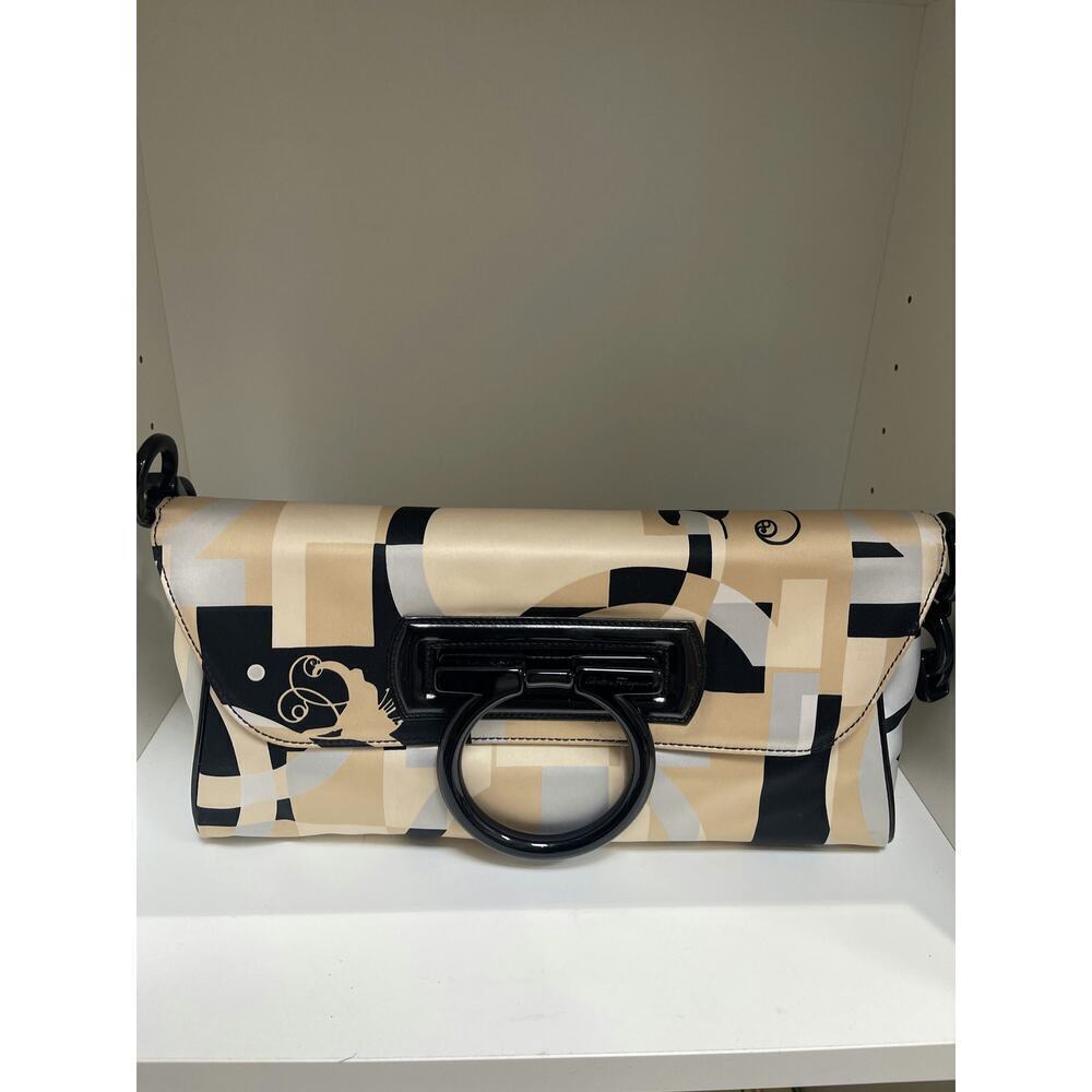 Salvatore Ferragamo Beige and Black Geometric Print Clutch